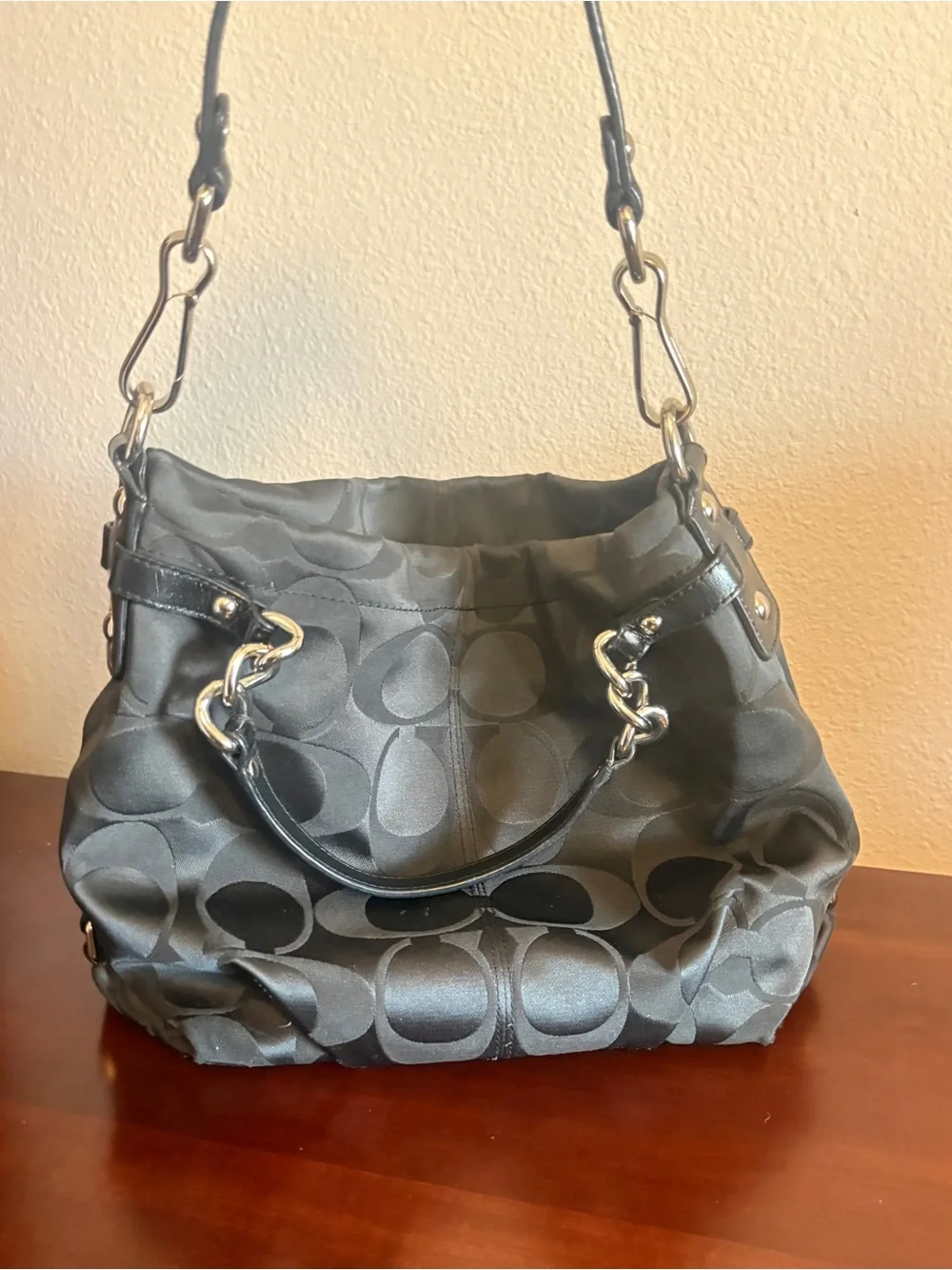 Vintage Coach Black Signature Jacquard Hobo with Silver Hardware